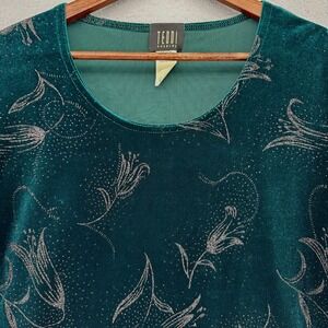VTG Teddi Evening Green Velvet Floral Top SZ 12 Short Sleeve DEADSTOCK 90s Xmas